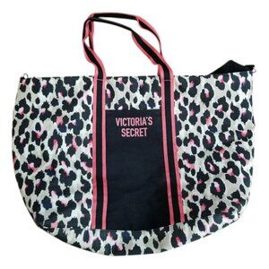Victoria's Secret Zip Top Tote VS Pink Leopard Print Canvas Weekender Tote Bag